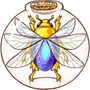 Crawly Curios logo featuring a six-winged beetle with a faceted gem abdomen in a spherical jar